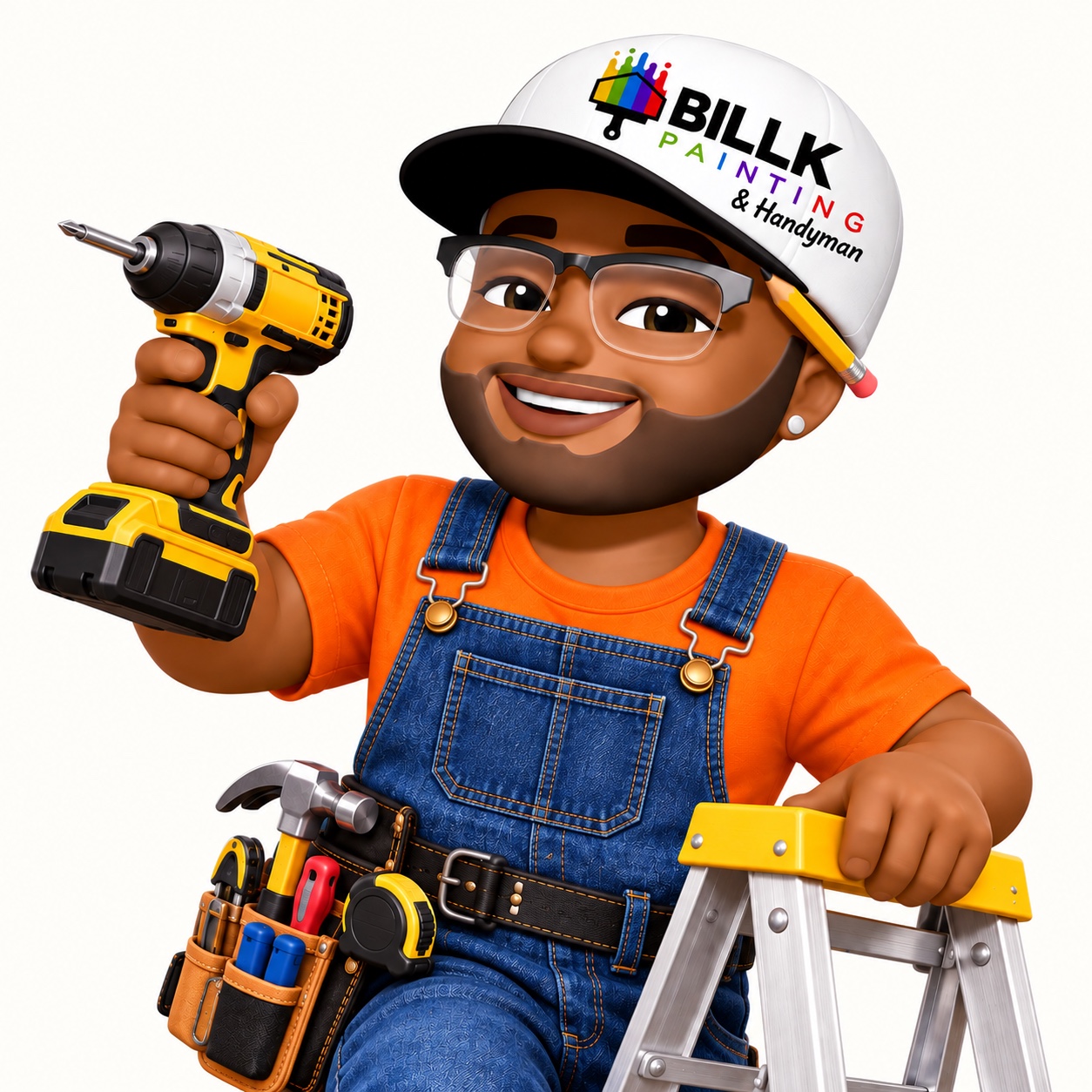 Billko handyman with drill, tools and ladder